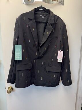 Black‎ Embroidered Notch Lapel Blazer with Multicolor Accents